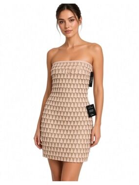 NWT Lulus Strapless Tassel Mini Dress Size S Beige Gold Tassled Evening Gown